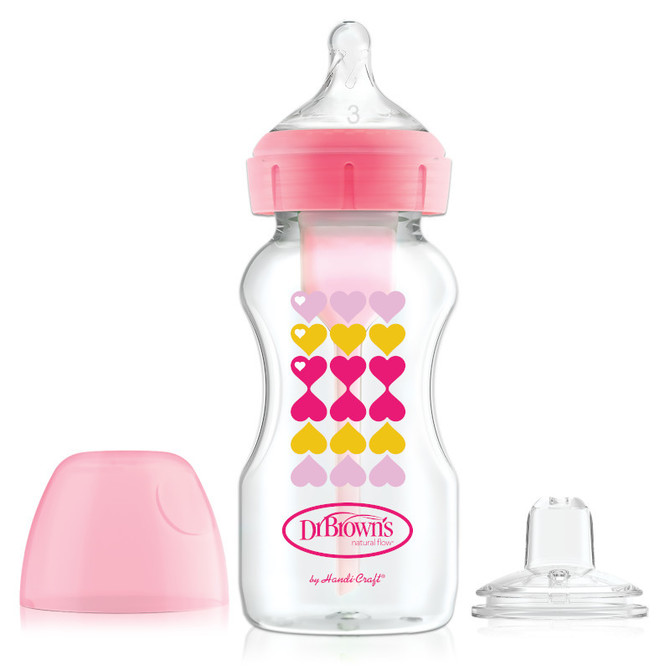 WB91604 9 oz/270 ml PP Wide-Neck Options+ Pink Hearts Bottle w/ Sippy Spout (+L3 Nipple in Bottle), 1-Pack