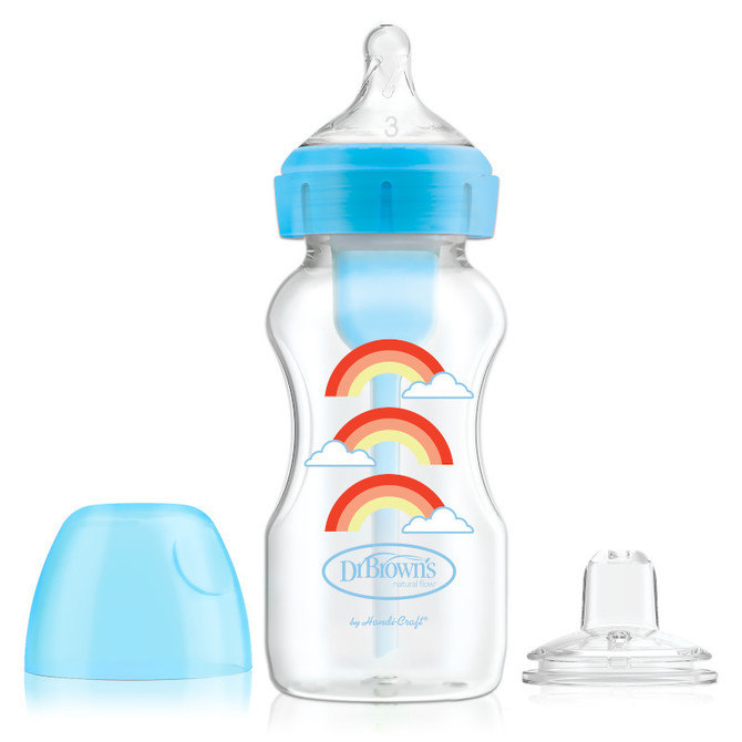 WB91605 9 oz/270 ml PP Wide-Neck Options+ Blue Rainbows Bottle w/ Sippy Spout (+L3 Nipple in Bottle), 1-Pack