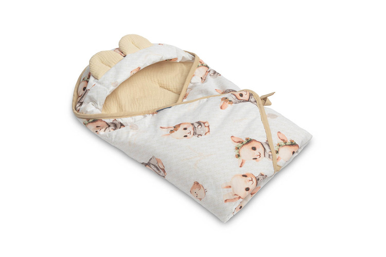 CAR SEAT SWADDLE BLANKET MUSLIN BUNNIES BEIGE