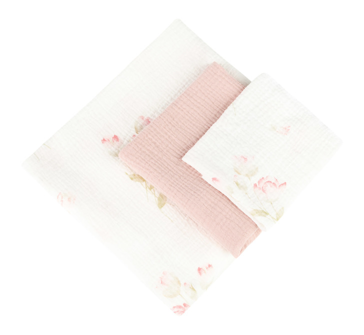 DIAPER TRIO CRUSHED MUSLIN 120x120, 70x60, 30x35 3PCS FLOWERS PINK
